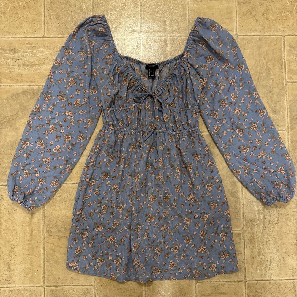 Forever 21 baby blue babydoll floral boho mini dress long sleeve whimsy small